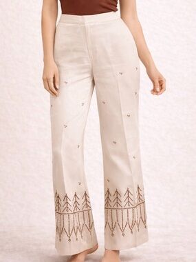 Brand New: 100% silj Cream Wide-Leg Embroidered Women’s Pants